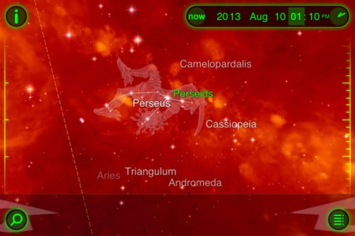 This is a screenshot of the Star Walk app showing the Persieds in the Northeast sky.  Notice how close they are to Cassiopeia- and her recognizable W shape!  